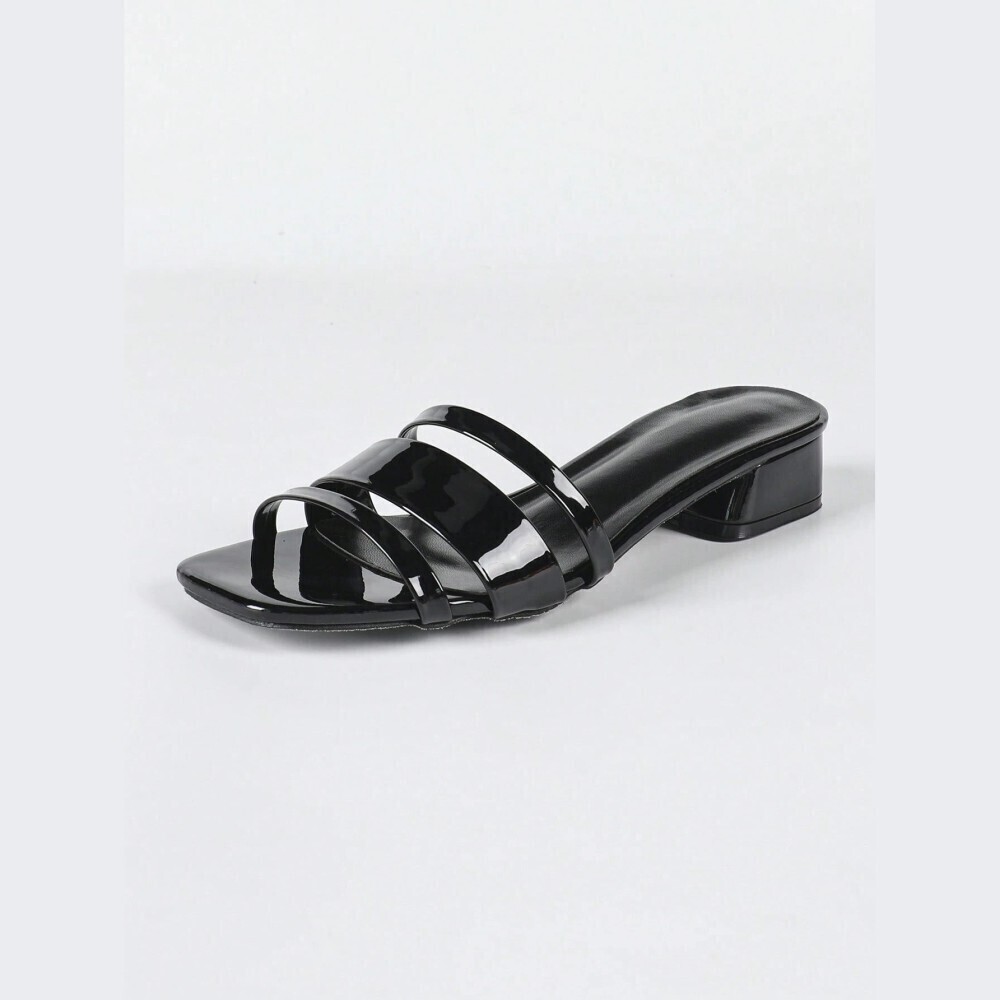 Black Patent Strappy Block Heel Slide Sandals